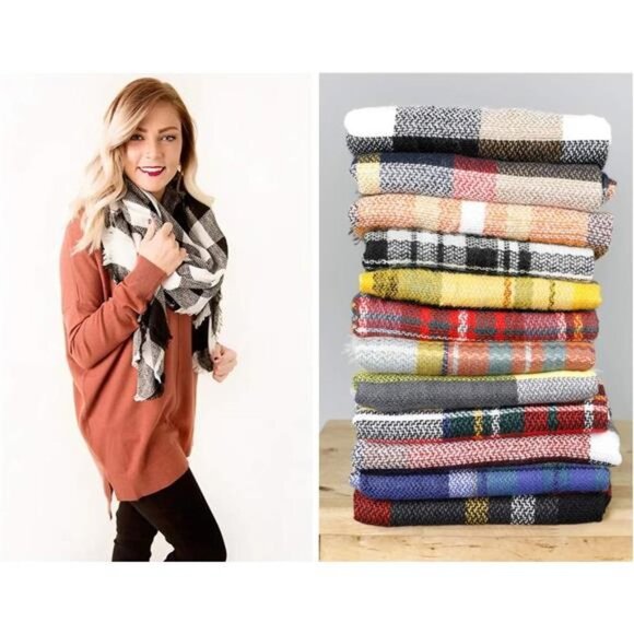 Plaid Print Oversized Blanket Scarf Tartan Checked Shawl Wrap Pashmina Black - Picture 5 of 5